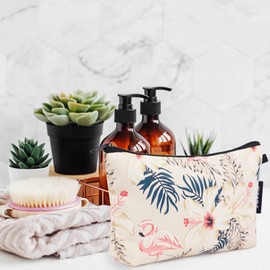 WANDF Cosmetic Bag for Women Makeup bag Organizer Mini Makeup Pouch for Purse Water Resistant Girls Gift (Beige Flamingo)