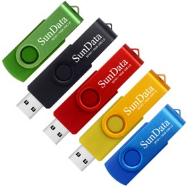SunData 16GB Memory Stick 5 Pack USB 2.0 Flash Drive Swivel Design Thumb Drives USB Stick Pen Drive for Data Storage with LED Light (5 Colors: Black Blue Green Red Gold)