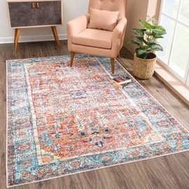 Bloom Rugs Washable Non-Slip 8' x 10' Rug - Orange/Blue Traditional Area Rug for Living Room, Bedroom, Dining Room, and Kitchen - Exact Size: 8' x 10'