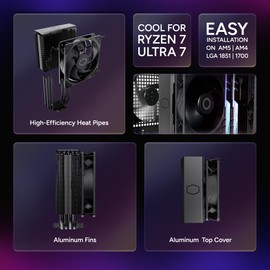 Cooler Master Hyper 212 Black CPU Air Cooler – 120mm High Performance PWM Fan, 4 Copper Heat Pipes, Aluminum Top Cover, Low Noise & Easy Installation, AMD AM5/AM4 & Intel LGA 1851/1700/1200, Black