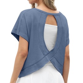 GRECERELLE Women's Open Back Workout Top Athletic Shirts Backless Short Sleeve Running Crop Top Gym Yoga Tee, Denim Blue, Small