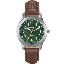 PINDOWS Women Watches Classic Small Analog Business Quartz Watches for Women 3ATM Water Resistant Fashion Easy to Read Luminous Dial, Silvery Case Dark Brown Band Green Face, Modern