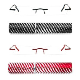 DXYXYO Mini Rimless Reading Glasses for Women Men, 2 Pack Slim Pocket Compact Metal Readers with Small Portable Case +1.0, Black and Red