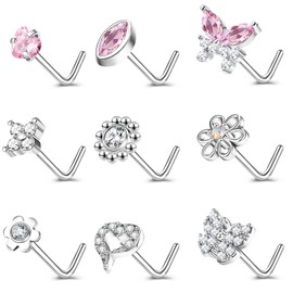 ZS 9-12PCS 20G Nose Rings Stud L Shape Nose Piercings, Evil Eye Butterfly Nose Studs Nostril Rings Set, Stainless Steel Flower L Nose Jewelry for Women (C)