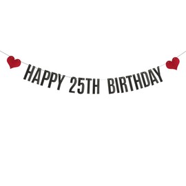 ABCpartyland Black Glitter Happy 25th Birthday Banner,25th Birthday Party Decorations Supplies, Pre-Strung,Letters Black,HAPPY 25TH BIRTHDAY