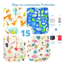 Paquete 15 Pañales Ecologicos Reusables De Tela Bebes Niños                                                                                           