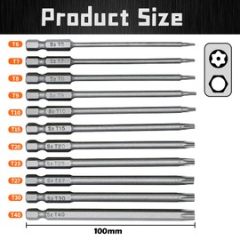 TOKINCEN 11 Pieces 100 mm Torx Long Screwdriver Bit Set 1/4 Inch Magnetic Star Head Screwdriver Set T6-T40 Long Hex Shank Electric Torx Bits Set Tools