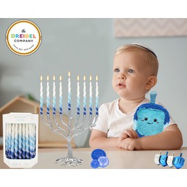 The Dreidel Company Deluxe Twisted Spiral 45 Blue & White Ombre Hanukkah Menorah Candles for All 8 Nights of Chanukah Burn Time 1-Hour