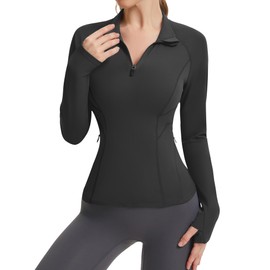 LUYAA Long Sleeve Black Workout Tops for Women Quarter Zip Pullover Athletic Golf Shirts Womens Fitness Clothing L