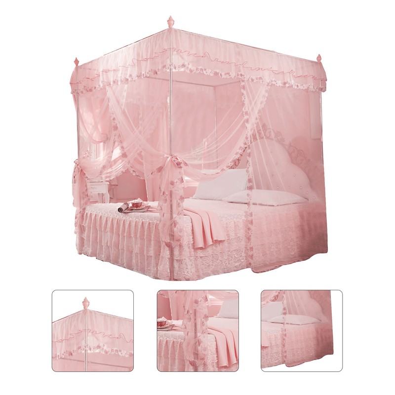 Luxury Princess 3 Side Openings Post Bed Curtain Canopy Netting