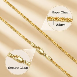 INSROAM 14K Gold Chain for Men and Women 2.5mm Rope Chain Necklace Non-Tarnish Minimalist Unisex 20-24 Inch