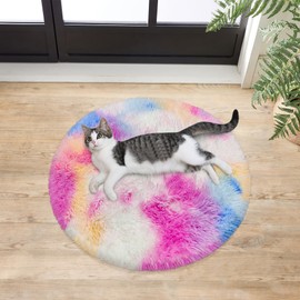 ATRUG Hot Pink Rainbow Small Round Rug for Girls Bedroom Fluffy Kids Rugs for Girls Dresser Soft Circle Carpet for Playroom Shag Nursery Rug Fuzzy Circle Rug for Reading Nook Princess Room Decor 2x2ft