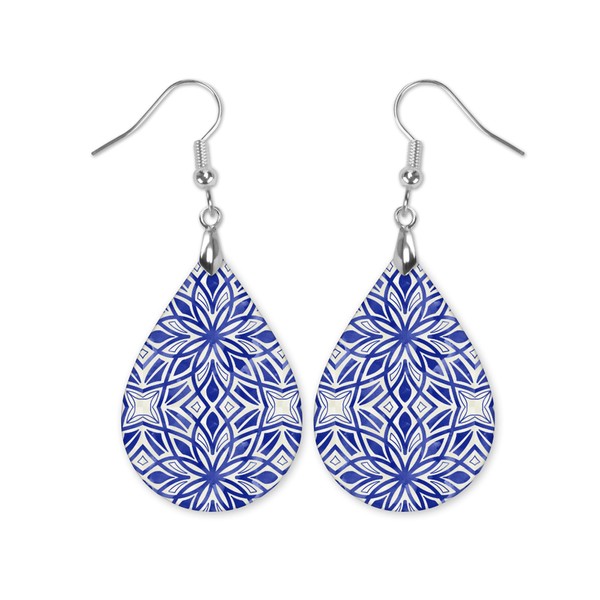 Blue Earrings for Women White Mosaic Pattern Dangle Dangling Drop