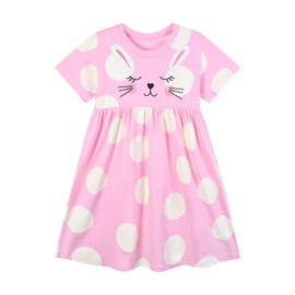 HILEELANG Little Girls' Easter Bunny Face Applique Pink Polka Dot Dress,Cotton Casual Cute Summer Short Sleeve Dress for Toddlers 5T
