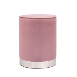 Adeco Round Upholstered Velvet Ottoman with Silver Metal Base, Makeup Vanity Chair Soft Compact Padded Foot Rest Stool for Living Room Bedroom, Pink