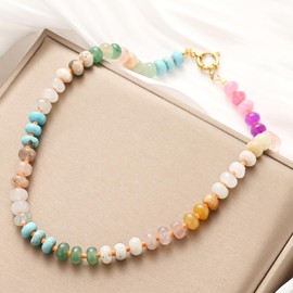 Beaded Gemstone Necklace for Women Boho Natural Stone Charm Necklace Handmade Summer Beach Surfer Rainbow Necklace Dainty Crystal Stone Beads Choker Prom Accessories (Purple)