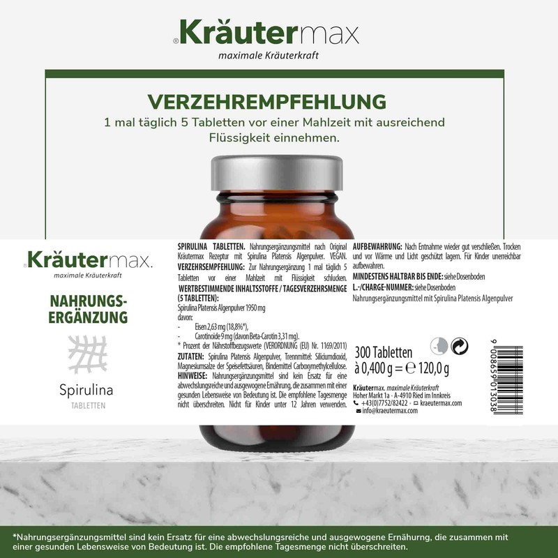 Kräutermax Spirulina Tablets 1 x 300 Pieces