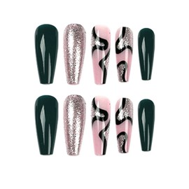 GXOIPNS Long Coffin Shape Acrylic False Nails, 24 Pcs (1 Set) with Glitter Sequins Design, Black Silver, Glossy, Full Cover Stick on Nails