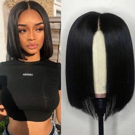 TBEONE Short Straight Lace Front Wig Bob Wig Natural Black Brazilian Human Hair Middle Part Front Wig Human Hair Natural Looking Hair (Wig + Hair Cap)