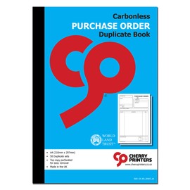 Cherry Carbonless Purchase Order Duplicate Book | A4 (210mm x 297mm) | 50 Perforated Sets | Made in the UK