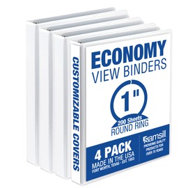 Samsill 1 Inch 3 Ring Binders, Made in USA, Economy Round Ring, Clear View Cover, 200 Sheet Capacity - for School, Home, Office - White, 4 Pack