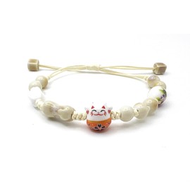 Yudisho Handmade Braided Rope Ceramic Beads Cute Lucky Cat Bracelet, Cute Cat Bracelet, Maneki Neko Bracelet