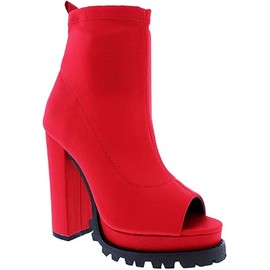 Women Peep Open Toe Cutout Chunky High Heel Ankle Booties Bardi by MATA Red stretch 10
