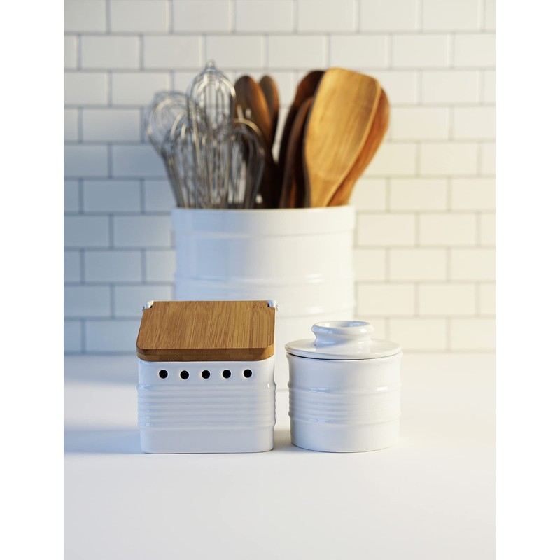 RSVP International White Stoneware Kitchen Collection, Stoneware Garlic Keeper, 4.5x4x4.5"