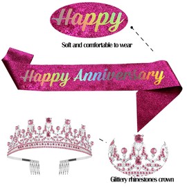 Tiara for Women Anniversary Happy Anniversary Tiara and Sash Set for Celebration Party Supplies Gifts Favors and Decorations Pink Crowns for Women Gifts