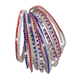 1 Set Of Multiple Strips Patriotic Crystal Tennis Bracelet, Red White Blue, American Flag Colors (20)