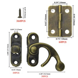 WMYCONGCONG 60 PCS Mini Hinges 24 x 18mm Antique Small Hinge and 30 Sets 27.5 x 32.5mm Bronze Tone Right Latch Hook Hasp Clasp Catch with Screws for Wood Jewelry Box