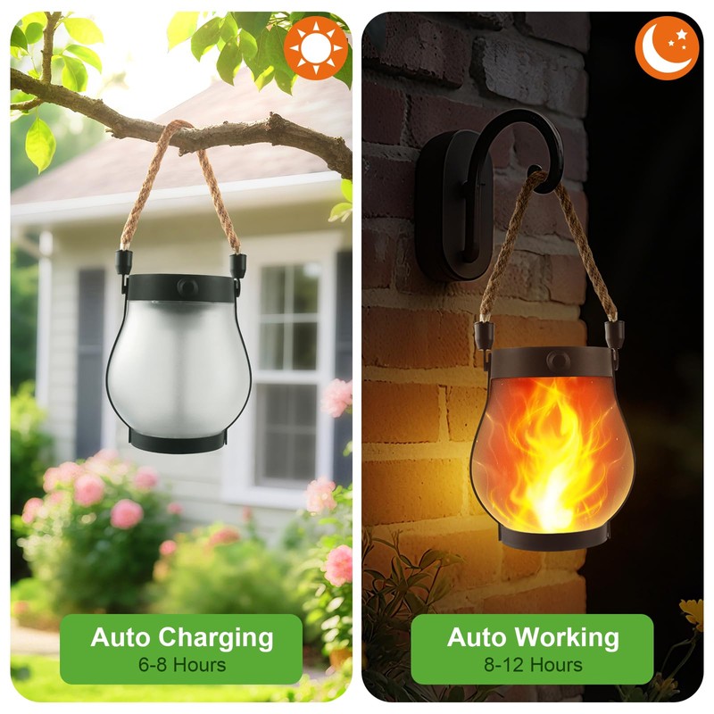 2 Pack Solar Flame Lanterns Outdoor,Realistic Flickering Flame Solar Lights