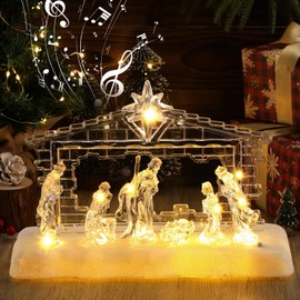 MiniInflat 14 Inch Nativity Sets Indoor Decor for Christmas LED Acrylic Clear Lighted Musical Nativity Scene People Set Decorations for Xmas Home Table Shelf Christmas Religious Gift