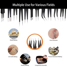 BOENFU Precision Tweezers Kit, Needle Nose, Pointed, Curved, Flat Tip Tweezers, Anti-static ESD Tweezers for Electronics, Jewelry and Detailed Work