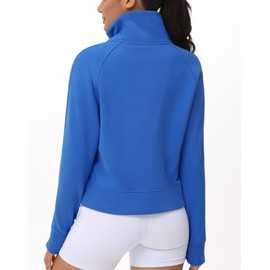 THE GYM PEOPLE Womens' Half Zip Pullover Fleece Stand Collar Crop Sweatshirt with Pockets Thumb Hole Sea Blue