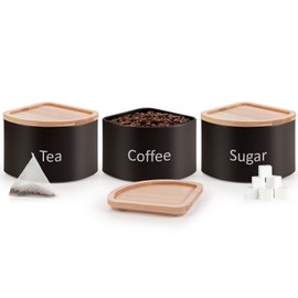 EHC Tea Coffee Sugar Canister Set, Set of 3 Stackable Kitchen Canisters Sets, Airtight Jars Easy Open Corner Space Saving Design, Black
