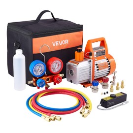 VEVOR 4 CFM AC Vacuum Pump and Gauge Set, 1/3 HP, Single Stage Rotary Vane HVAC Air Vacuum Pump, A/C Refrigerant Manifold Gauge Kit, with Leak Detector, Carry Bag, for R134a R22 R410a Refrigerants