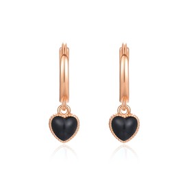 Yulovee Rose Gold Filled Heart Hoop Earrings - Black Stone Dangle Huggie Earrings for Women & Teen Girls