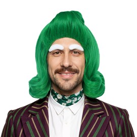 VGbeaty Men Short Wavy Green Wig With White Eyebow
