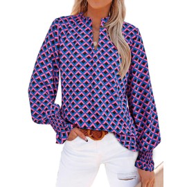 MASCOMODA Womens V Neck Floral Long Sleeve Tops 2025 Summer Casual Loose Puff Sleeve Chiffon Boho Work Blouse Dressy T Shirts(Plaid Blue Pink,Small)