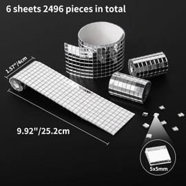 Art3dwallpanels 6 Pack Self-Adhesive Glass Mirror Mosaic Tiles 2364 Pieces Small Square Mirror Tiles Sticker for DIY Craft Decoration, Disco Ball Sliver