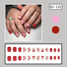 Valentines Press on Nails Short Oval Red Fake Nails with Hearts Design Love French Tip False Nails Extra Short Valentines Nails Cute Acrylic Glue on Nails Winter Spring Stick on Nails for Women 24Pcs