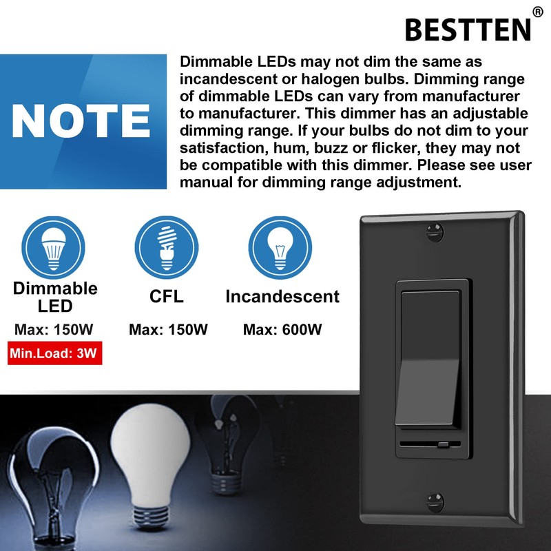 BESTTEN 6 Pack Dimmer Wall Light Switch, Compatible with Dimmable