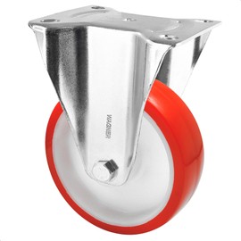 WAGNER Soft fixed castor, diameter 100 mm, height 125 mm, galvanised steel, red/white, mounting plate 85 x 105 mm, load capacity 75 kg, 04880001
