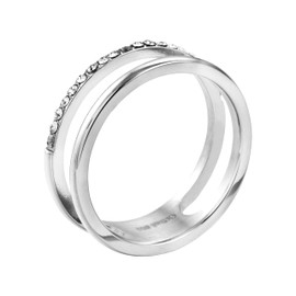 meditoys Stainless steel ring for women, unusual double ring made of stainless steel with all-round crystal stones, Stainless Steel