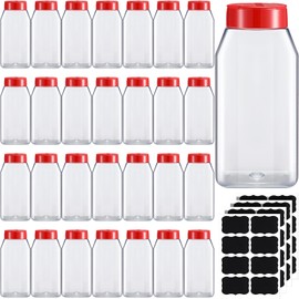 Mifoci 28 Pack 16 oz Plastic Spice Jars with Cap Square Plastic Bottle Containers with Shaker Lids and Stickers Large Seasoning Shaker Empty Powder Storage Container for Storing Salt Herbs (Red)