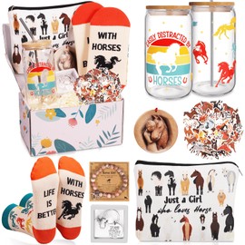 TAOVEEK Horse Lover Gift Set, 7PCS Horse Gift for Girls for Birthday Christmas, Horse Lovers Gifts Box with Horse Glass Cup Makeup Bag Socks Bracelet Ornament Keychain