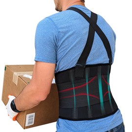 Adjustable Lower Back Support Belt with Suspenders - Heavy Duty Work Brace for Men & Women - Industrial Strength Lumbar Protection for Construction, Warehouse, Moving & Physical Labor Safety, XXL