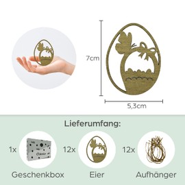 Birdart Box® 12x Ostereier zum Aufhängen – Osterdeko aus Holz, moderne Ostereier in premium Qualität 7cm (Silber)