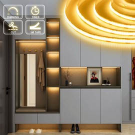 OMIKA COB LED Strip Lights, 2700K Warm White Battery Powered 640LED 6.56FT Strip Lights with Remote Timer Dimmable Flexible Cuttable Tape Lights for Cabinet Shelves Bedroom (2 Pack)